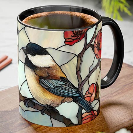chickadee bird mug design black capped chickadee illustration on coffee mug