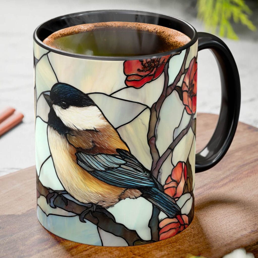 stained glass chickadee bird on branch with red flowers coffee mug