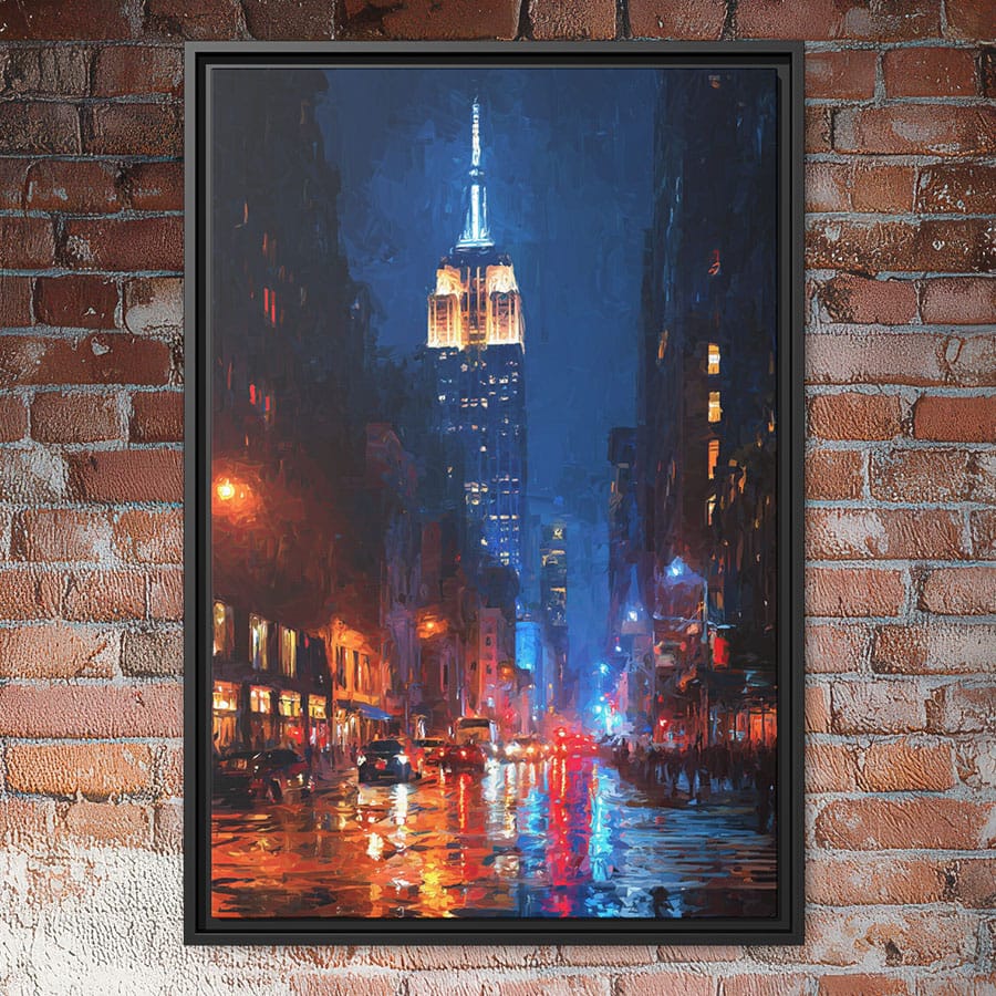 Empire State Building NYC night cityscape wall art with glowing urban reflections