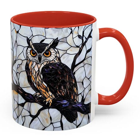 red stained glass great horned owl coffee mug