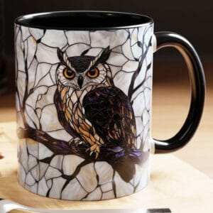 stained glass owl ceramic coffee mug with gothic woodland design