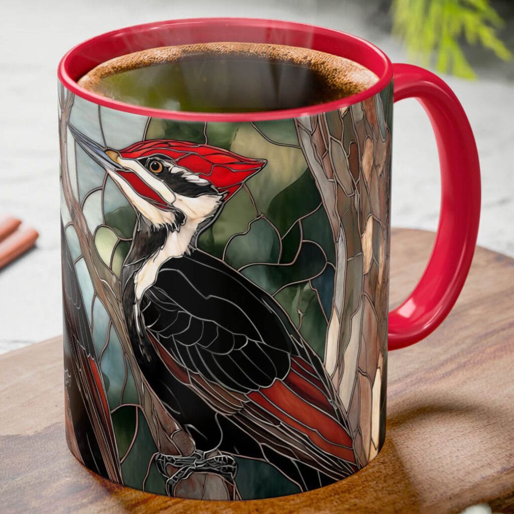 Pileated woodpecker stained glass coffee mug.