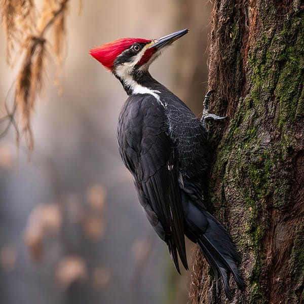 pileated woodpecker tree trunk red crest