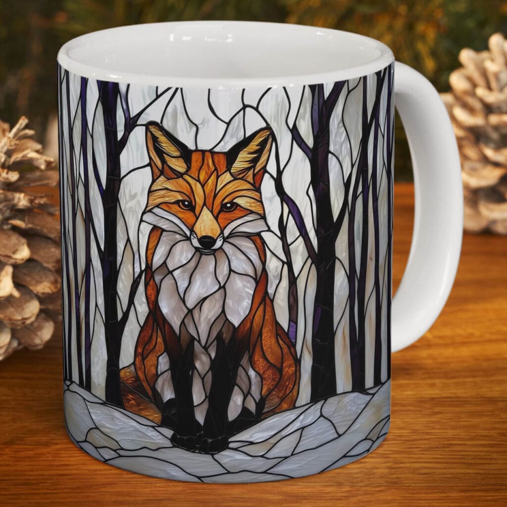 stained glass red fox sitting in snowy forest coffee mug