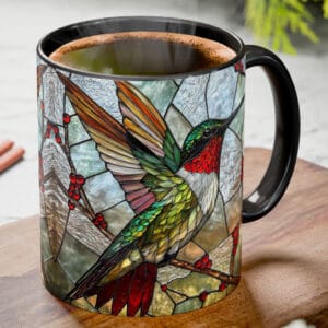 stained glass ruby throated hummingbird ceramic coffee mug with colorful bird design