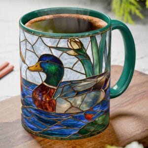 stained glass mallard duck ceramic coffee mug with colorful lake wildlife design