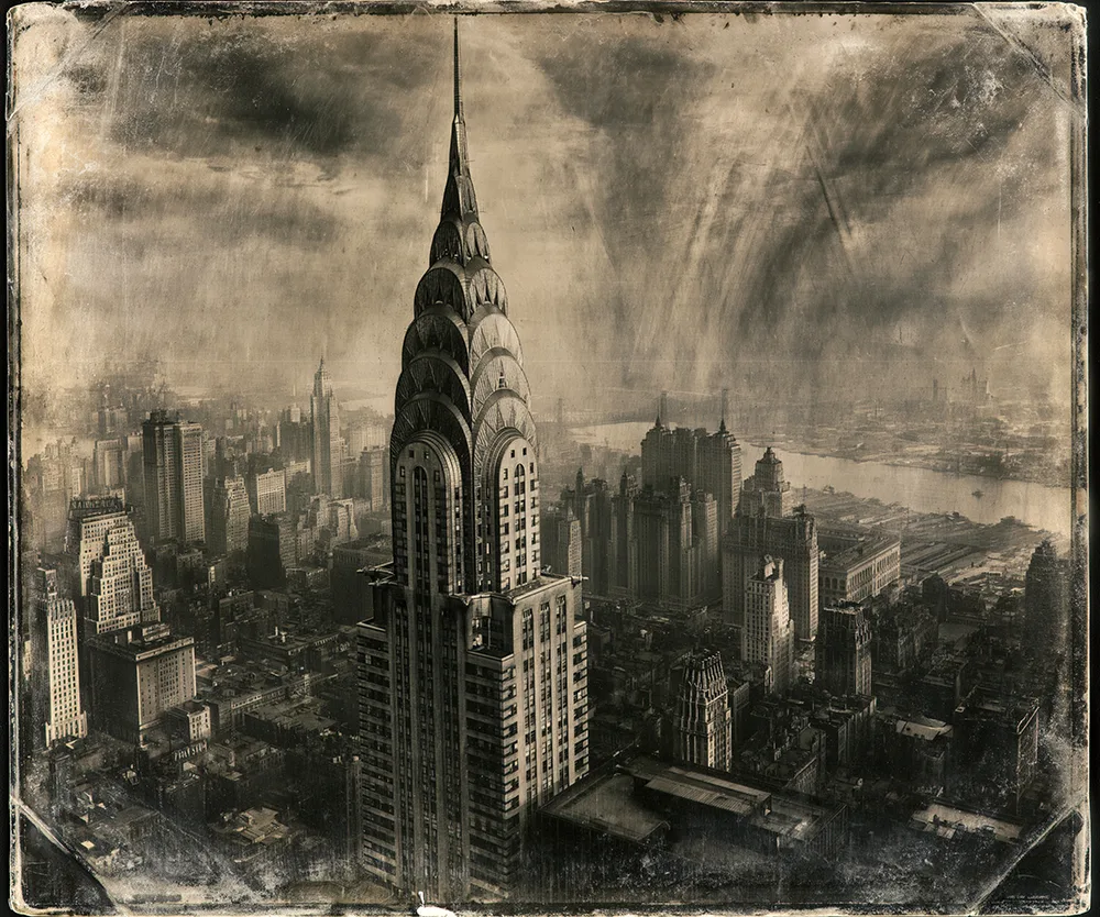 Vintage-style sepia view of the Chrysler Building towering over the New York City skyline